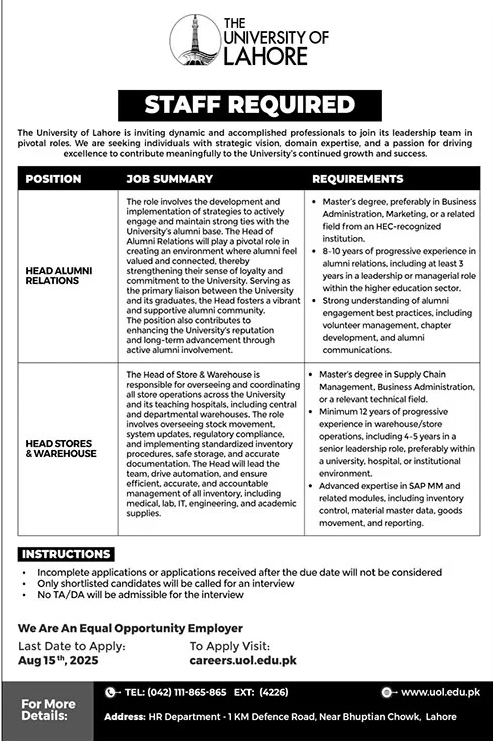 Jobs in The University of Lahore